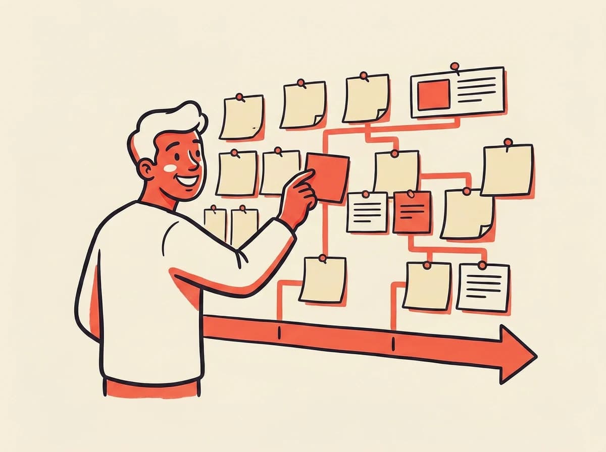 Roumr pinning up a sticky-note roadmap with a timeline